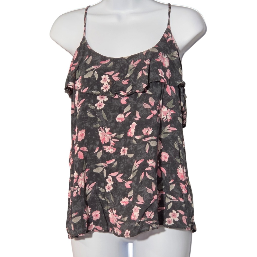 American Eagle‎ Floral Ruffle Strappy Cami Top Grey Pink Womens Medium